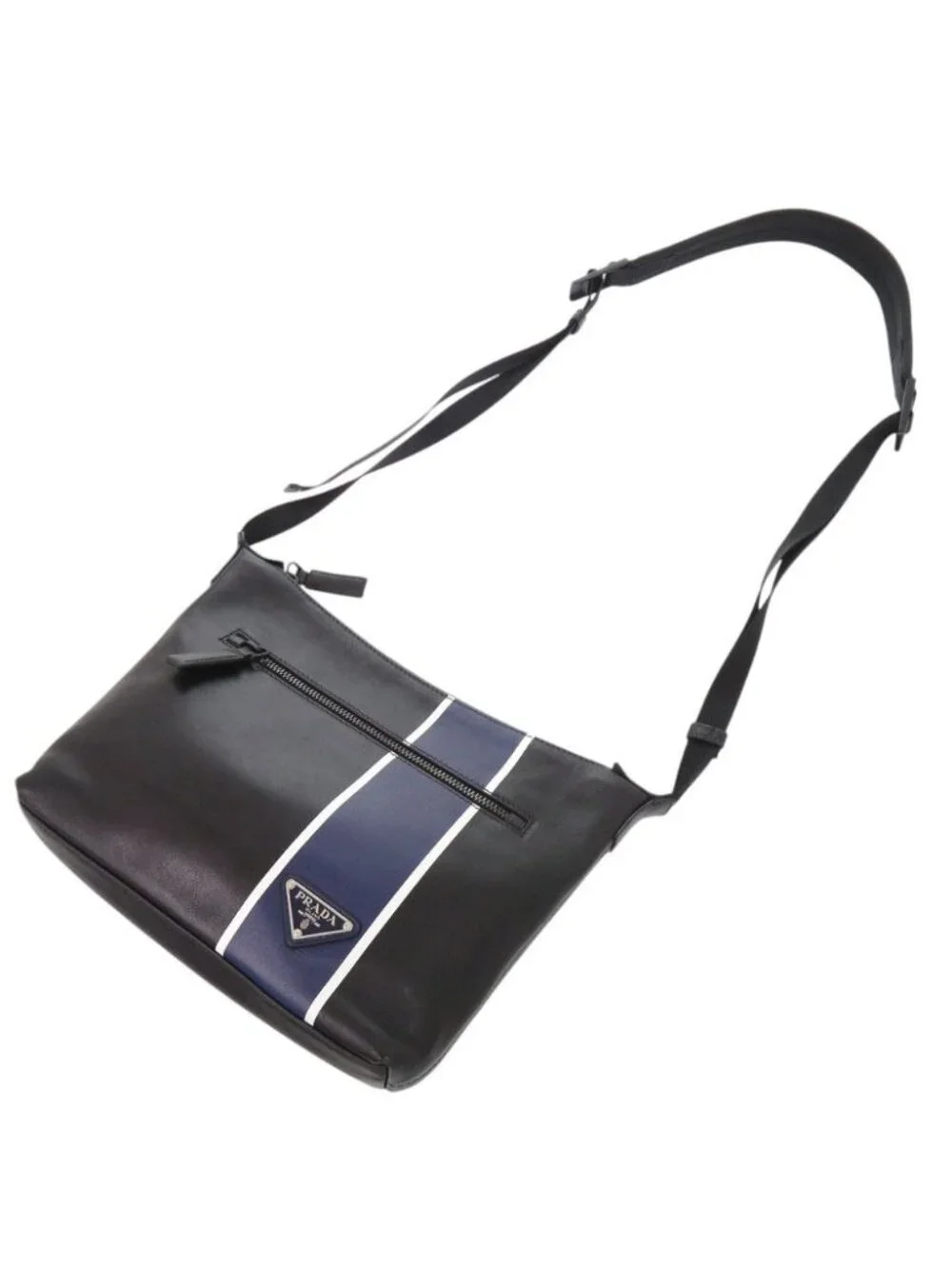 Prada Triangle Logo Leather Black Blue Shoulder Bag